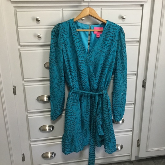 LILLY PULITZER ALFIE Silk Long Sleeve Belted Romper Dress in Teal Bay XS - Picture 2 of 12